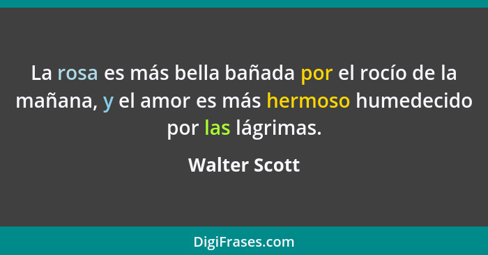 La rosa es más bella bañada por el rocío de la mañana, y el amor es más hermoso humedecido por las lágrimas.... - Walter Scott