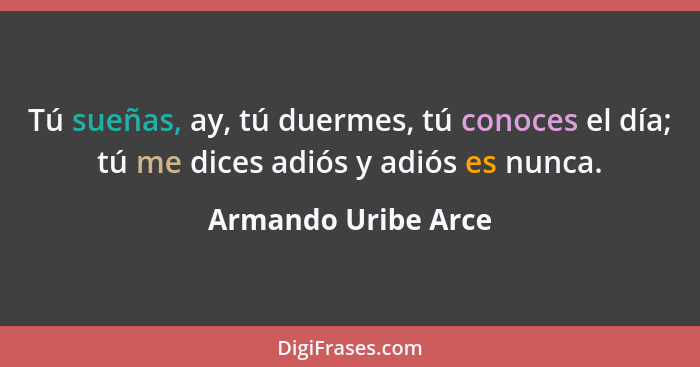 Tú sueñas, ay, tú duermes, tú conoces el día; tú me dices adiós y adiós es nunca.... - Armando Uribe Arce