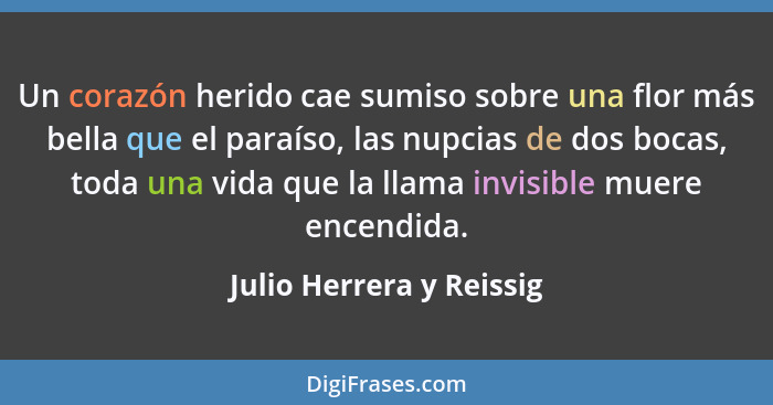 Un corazón herido cae sumiso sobre una flor más bella que el paraíso, las nupcias de dos bocas, toda una vida que la llama i... - Julio Herrera y Reissig