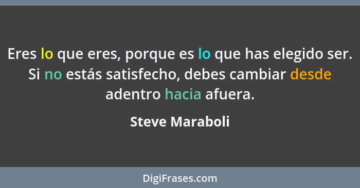 Eres lo que eres, porque es lo que has elegido ser. Si no estás satisfecho, debes cambiar desde adentro hacia afuera.... - Steve Maraboli