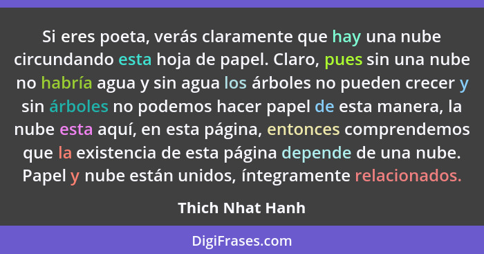 Si eres poeta, verás claramente que hay una nube circundando esta hoja de papel. Claro, pues sin una nube no habría agua y sin agua... - Thich Nhat Hanh