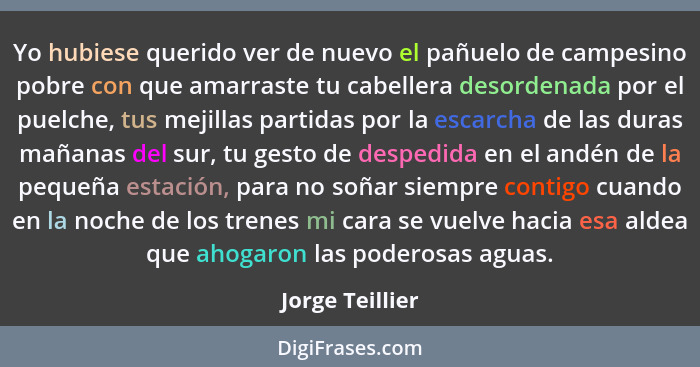 Yo hubiese querido ver de nuevo el pañuelo de campesino pobre con que amarraste tu cabellera desordenada por el puelche, tus mejillas... - Jorge Teillier