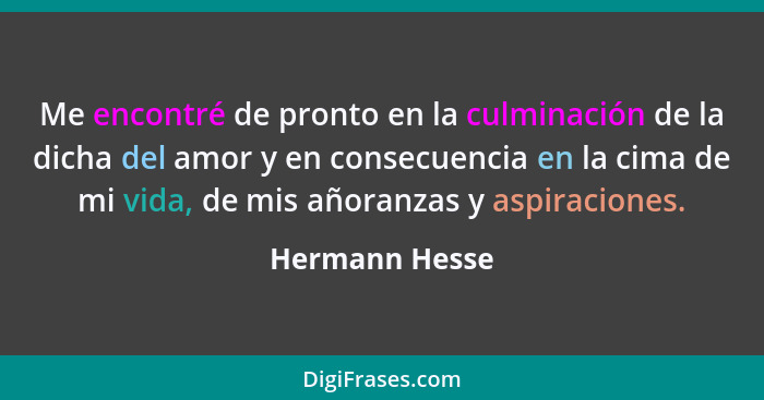 Me encontré de pronto en la culminación de la dicha del amor y en consecuencia en la cima de mi vida, de mis añoranzas y aspiraciones.... - Hermann Hesse