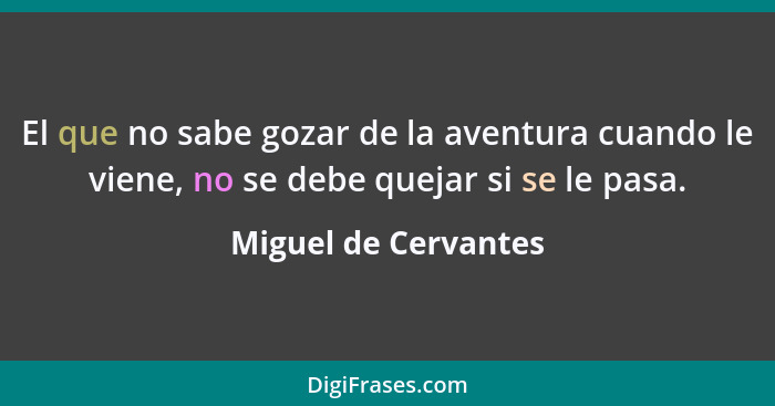 El que no sabe gozar de la aventura cuando le viene, no se debe quejar si se le pasa.... - Miguel de Cervantes