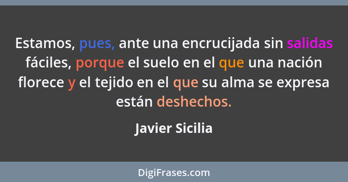 Estamos, pues, ante una encrucijada sin salidas fáciles, porque el suelo en el que una nación florece y el tejido en el que su alma s... - Javier Sicilia