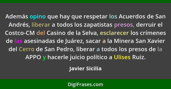 Además opino que hay que respetar los Acuerdos de San Andrés, liberar a todos los zapatistas presos, derruir el Costco-CM del Casino... - Javier Sicilia