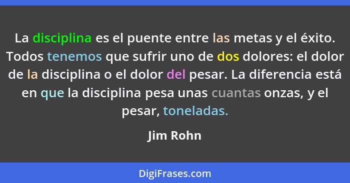 La disciplina es el puente entre las metas y el éxito. Todos tenemos que sufrir uno de dos dolores: el dolor de la disciplina o el dolor de... - Jim Rohn