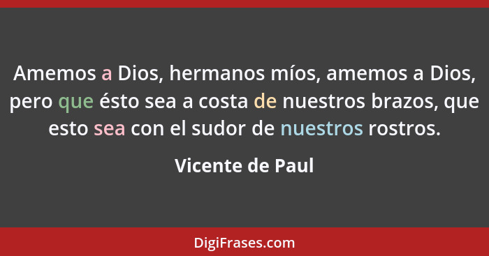 Amemos a Dios, hermanos míos, amemos a Dios, pero que ésto sea a costa de nuestros brazos, que esto sea con el sudor de nuestros ros... - Vicente de Paul