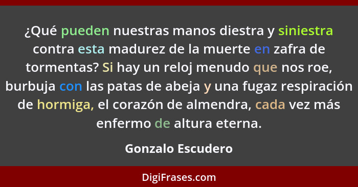 ¿Qué pueden nuestras manos diestra y siniestra contra esta madurez de la muerte en zafra de tormentas? Si hay un reloj menudo que n... - Gonzalo Escudero