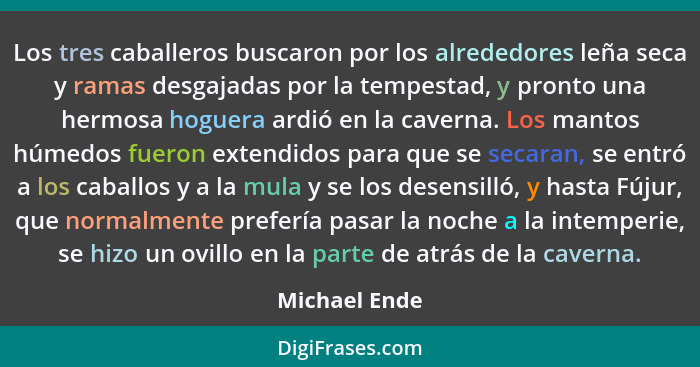 Los tres caballeros buscaron por los alrededores leña seca y ramas desgajadas por la tempestad, y pronto una hermosa hoguera ardió en l... - Michael Ende