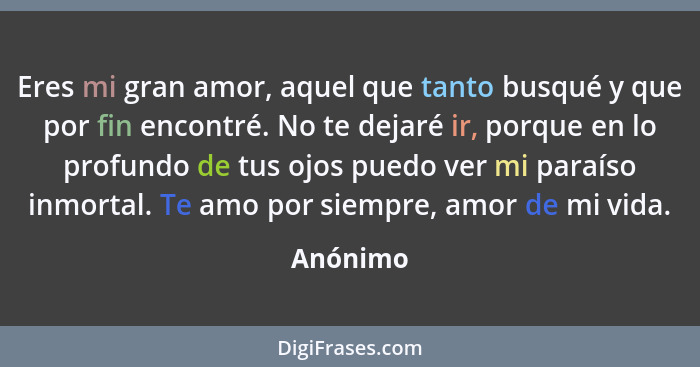 Eres mi gran amor, aquel que tanto busqué y que por fin encontré. No te dejaré ir, porque en lo profundo de tus ojos puedo ver mi paraíso in... - Anónimo