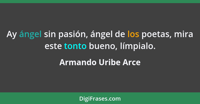 Ay ángel sin pasión, ángel de los poetas, mira este tonto bueno, límpialo.... - Armando Uribe Arce