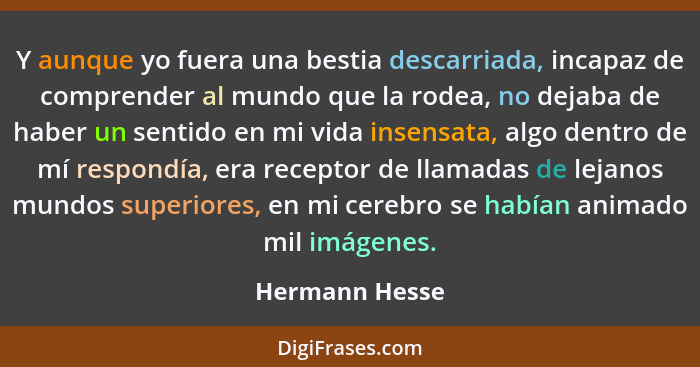 Y aunque yo fuera una bestia descarriada, incapaz de comprender al mundo que la rodea, no dejaba de haber un sentido en mi vida insens... - Hermann Hesse