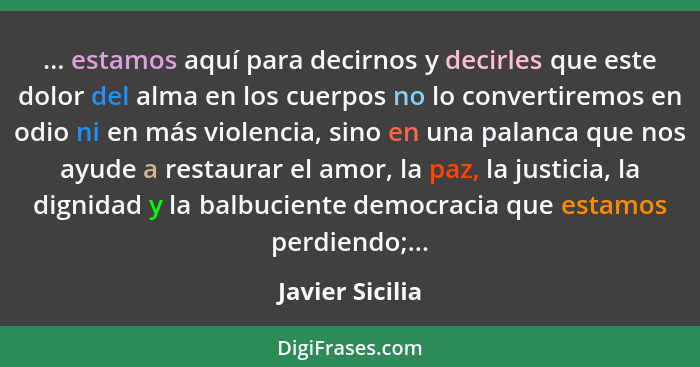 ... estamos aquí para decirnos y decirles que este dolor del alma en los cuerpos no lo convertiremos en odio ni en más violencia, sin... - Javier Sicilia