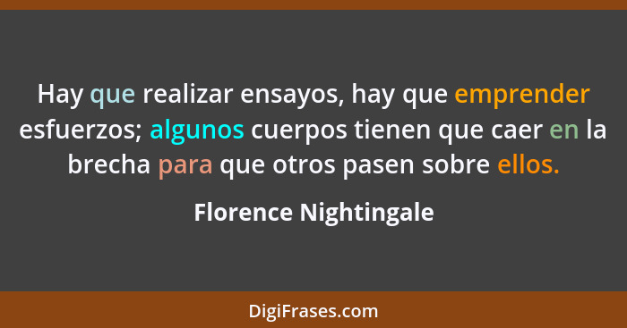 Hay que realizar ensayos, hay que emprender esfuerzos; algunos cuerpos tienen que caer en la brecha para que otros pasen sobre... - Florence Nightingale