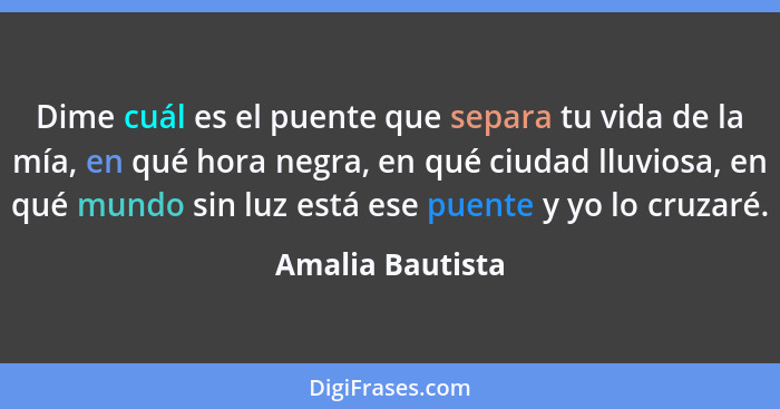 Dime cuál es el puente que separa tu vida de la mía, en qué hora negra, en qué ciudad lluviosa, en qué mundo sin luz está ese puente... - Amalia Bautista