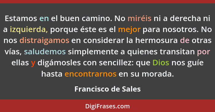 Estamos en el buen camino. No miréis ni a derecha ni a izquierda, porque éste es el mejor para nosotros. No nos distraigamos en c... - Francisco de Sales