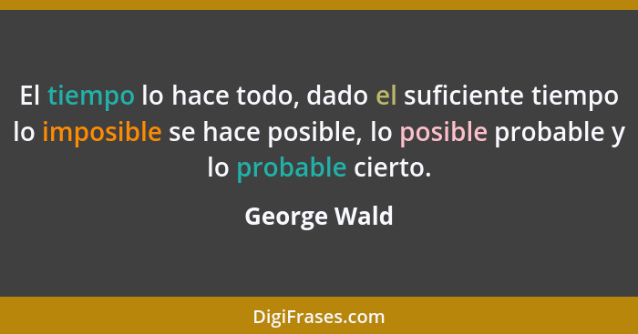 El tiempo lo hace todo, dado el suficiente tiempo lo imposible se hace posible, lo posible probable y lo probable cierto.... - George Wald