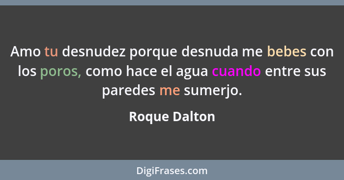 Amo tu desnudez porque desnuda me bebes con los poros, como hace el agua cuando entre sus paredes me sumerjo.... - Roque Dalton