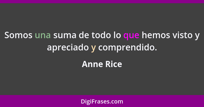 Somos una suma de todo lo que hemos visto y apreciado y comprendido.... - Anne Rice