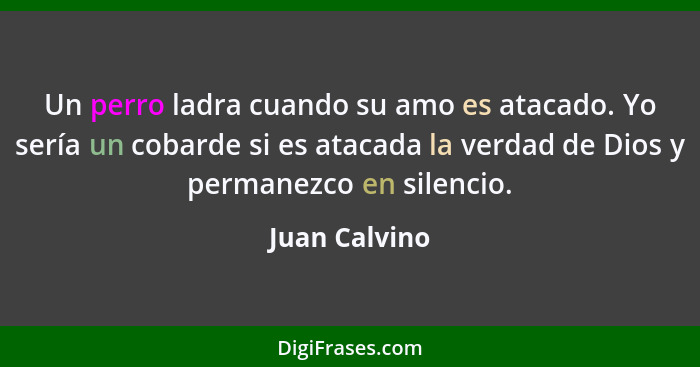 Un perro ladra cuando su amo es atacado. Yo sería un cobarde si es atacada la verdad de Dios y permanezco en silencio.... - Juan Calvino