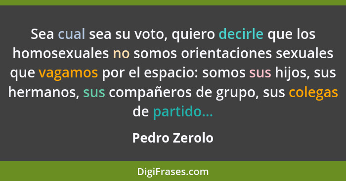 Sea cual sea su voto, quiero decirle que los homosexuales no somos orientaciones sexuales que vagamos por el espacio: somos sus hijos,... - Pedro Zerolo