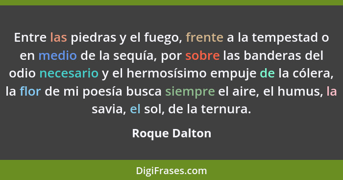 Entre las piedras y el fuego, frente a la tempestad o en medio de la sequía, por sobre las banderas del odio necesario y el hermosísimo... - Roque Dalton