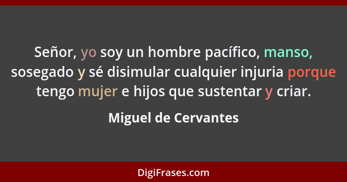 Señor, yo soy un hombre pacífico, manso, sosegado y sé disimular cualquier injuria porque tengo mujer e hijos que sustentar y cr... - Miguel de Cervantes