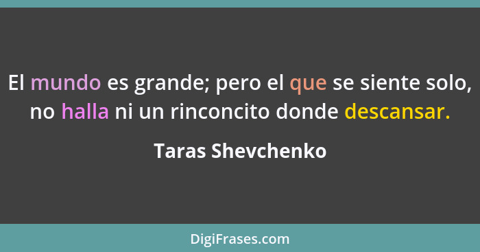 El mundo es grande; pero el que se siente solo, no halla ni un rinconcito donde descansar.... - Taras Shevchenko