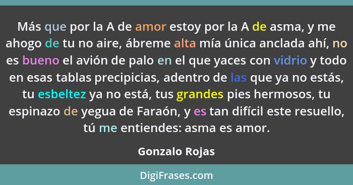 Más que por la A de amor estoy por la A de asma, y me ahogo de tu no aire, ábreme alta mía única anclada ahí, no es bueno el avión de... - Gonzalo Rojas