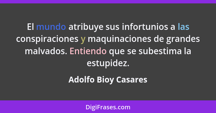 El mundo atribuye sus infortunios a las conspiraciones y maquinaciones de grandes malvados. Entiendo que se subestima la estupid... - Adolfo Bioy Casares