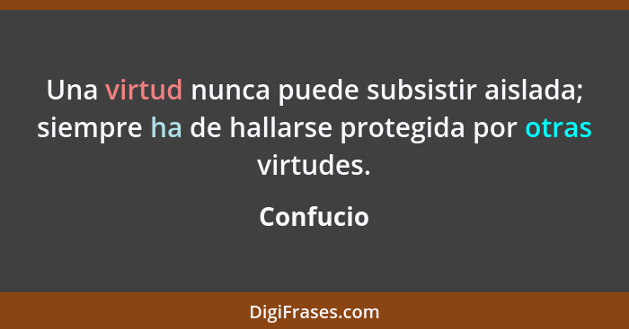 Una virtud nunca puede subsistir aislada; siempre ha de hallarse protegida por otras virtudes.... - Confucio