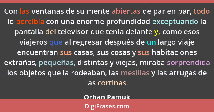 Con las ventanas de su mente abiertas de par en par, todo lo percibía con una enorme profundidad exceptuando la pantalla del televisor q... - Orhan Pamuk