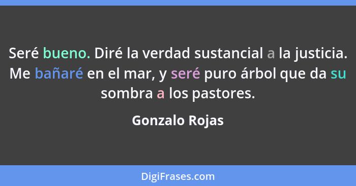 Seré bueno. Diré la verdad sustancial a la justicia. Me bañaré en el mar, y seré puro árbol que da su sombra a los pastores.... - Gonzalo Rojas