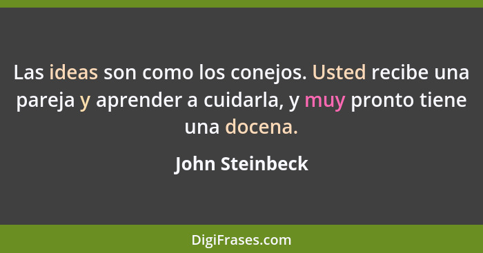 Las ideas son como los conejos. Usted recibe una pareja y aprender a cuidarla, y muy pronto tiene una docena.... - John Steinbeck