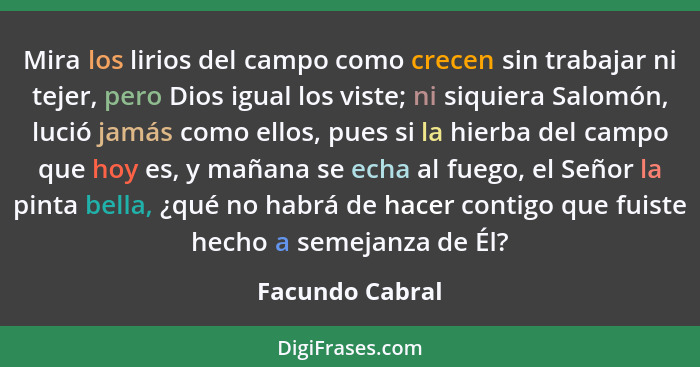 Mira los lirios del campo como crecen sin trabajar ni tejer, pero Dios igual los viste; ni siquiera Salomón, lució jamás como ellos,... - Facundo Cabral