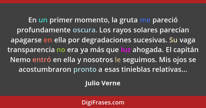 En un primer momento, la gruta me pareció profundamente oscura. Los rayos solares parecían apagarse en ella por degradaciones sucesivas.... - Julio Verne