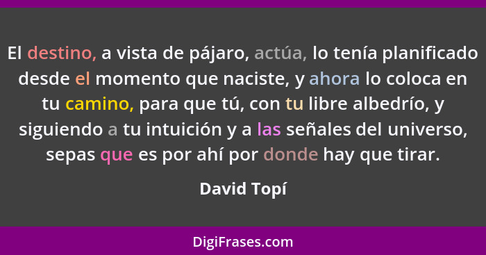 El destino, a vista de pájaro, actúa, lo tenía planificado desde el momento que naciste, y ahora lo coloca en tu camino, para que tú, con... - David Topí