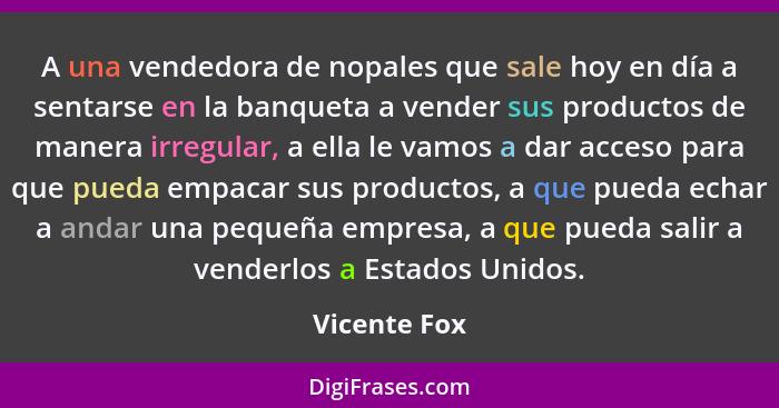 A una vendedora de nopales que sale hoy en día a sentarse en la banqueta a vender sus productos de manera irregular, a ella le vamos a d... - Vicente Fox