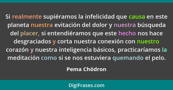 Si realmente supiéramos la infelicidad que causa en este planeta nuestra evitación del dolor y nuestra búsqueda del placer, si entendié... - Pema Chödron