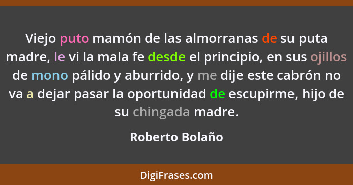 Viejo puto mamón de las almorranas de su puta madre, le vi la mala fe desde el principio, en sus ojillos de mono pálido y aburrido, y... - Roberto Bolaño