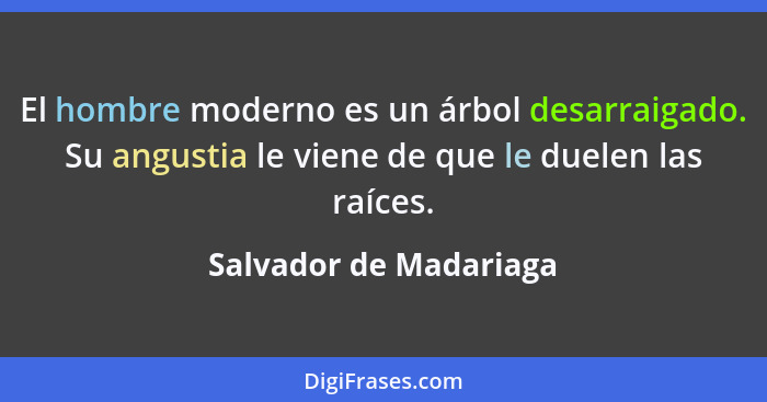 El hombre moderno es un árbol desarraigado. Su angustia le viene de que le duelen las raíces.... - Salvador de Madariaga