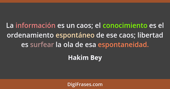 La información es un caos; el conocimiento es el ordenamiento espontáneo de ese caos; libertad es surfear la ola de esa espontaneidad.... - Hakim Bey