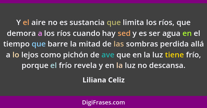 Y el aire no es sustancia que limita los ríos, que demora a los ríos cuando hay sed y es ser agua en el tiempo que barre la mitad de l... - Liliana Celiz