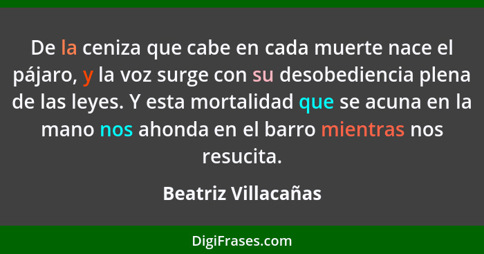 De la ceniza que cabe en cada muerte nace el pájaro, y la voz surge con su desobediencia plena de las leyes. Y esta mortalidad qu... - Beatriz Villacañas