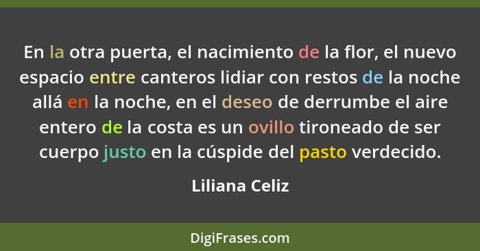 En la otra puerta, el nacimiento de la flor, el nuevo espacio entre canteros lidiar con restos de la noche allá en la noche, en el des... - Liliana Celiz