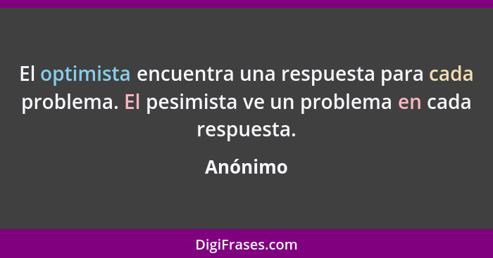 El optimista encuentra una respuesta para cada problema. El pesimista ve un problema en cada respuesta.... - Anónimo