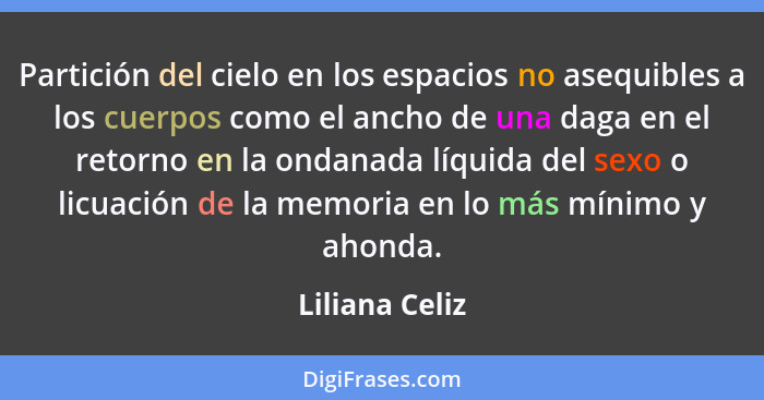 Partición del cielo en los espacios no asequibles a los cuerpos como el ancho de una daga en el retorno en la ondanada líquida del sex... - Liliana Celiz