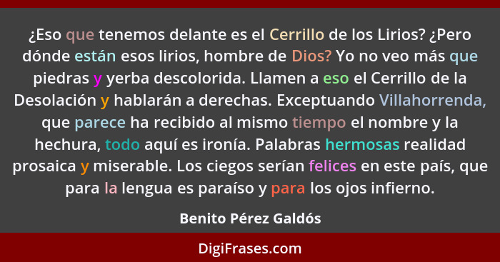 ¿Eso que tenemos delante es el Cerrillo de los Lirios? ¿Pero dónde están esos lirios, hombre de Dios? Yo no veo más que piedras... - Benito Pérez Galdós