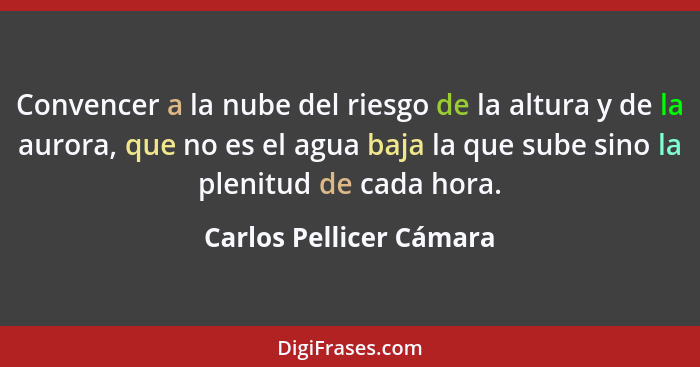 Convencer a la nube del riesgo de la altura y de la aurora, que no es el agua baja la que sube sino la plenitud de cada hora.... - Carlos Pellicer Cámara